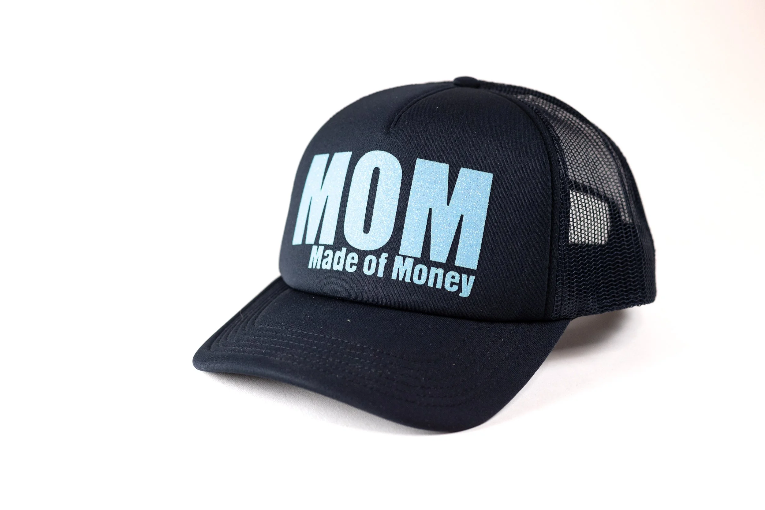 MOM 'Made of Money' Trucker - Deep Navy with Bright Blue Glitter