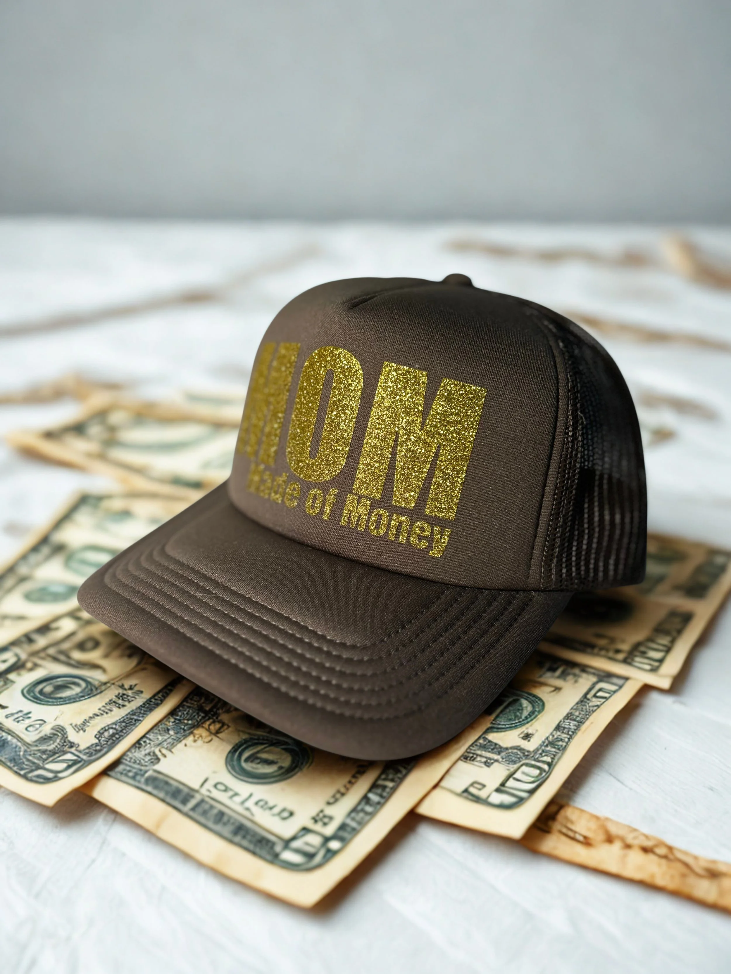 MOM 'Made of Money' Trucker - Walnut with Gold Glitter