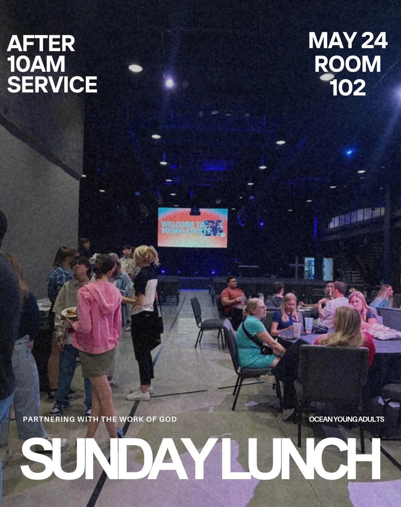 ~ SUNDAY LUNCH ~ 

YA! It&rsquo;s that time again! 
Join us TOMORROW after the 10am service for a nice lunch and time spent with other YA members. As we approach our gathering on THURSDAY, we&rsquo;d love to meet new and old faces that are ready to d