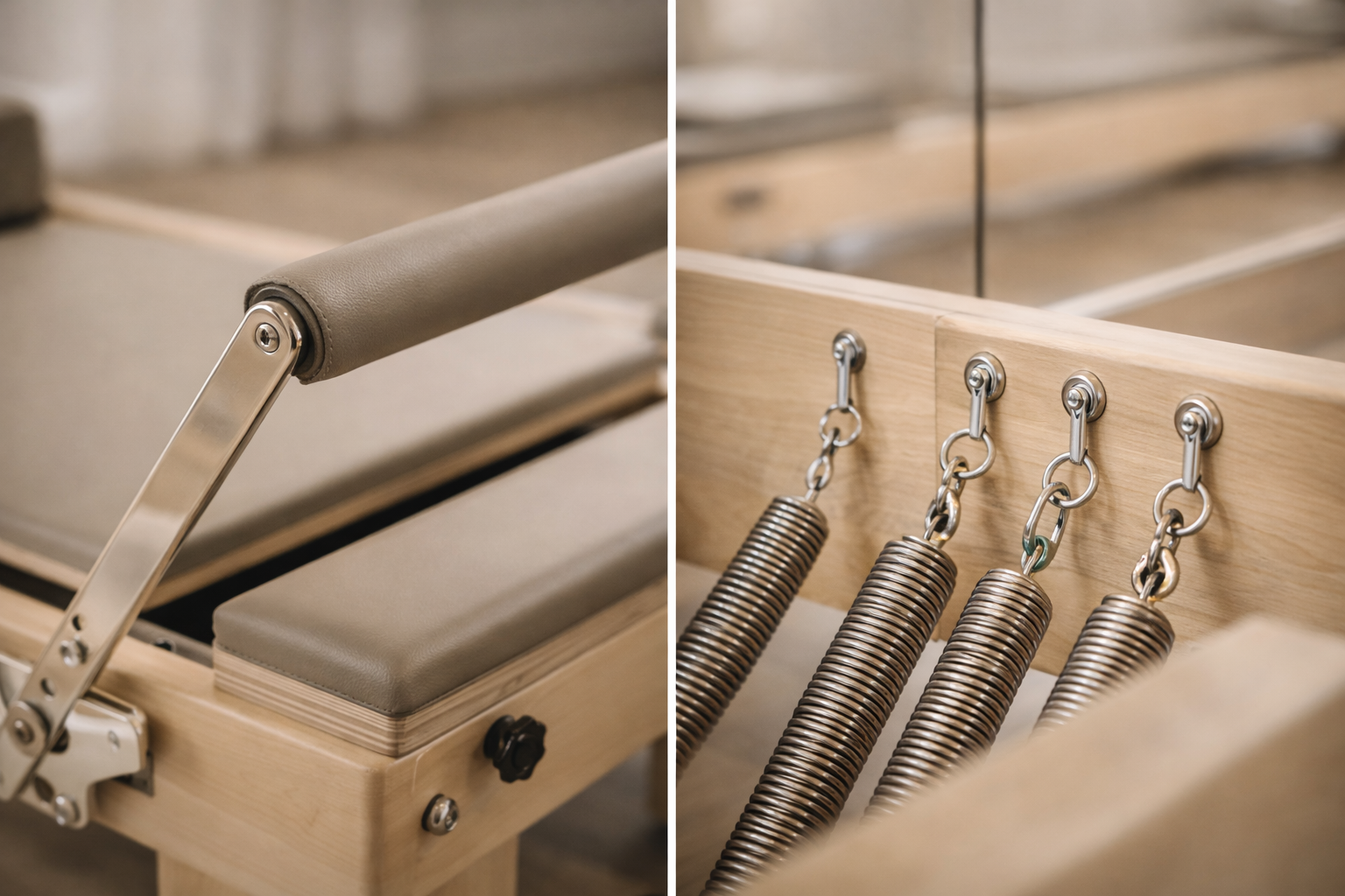 Close-up of a wooden chiropractic adjustment table with a padded headrest on the left and four metal springs with hooks on the right.