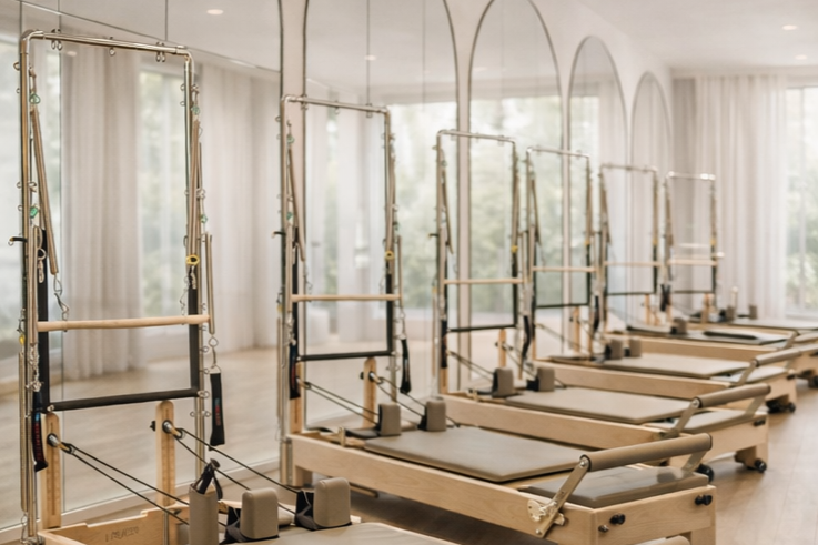 A row of Pilates reformer machines in a bright, spacious studio with large windows and sheer curtains.