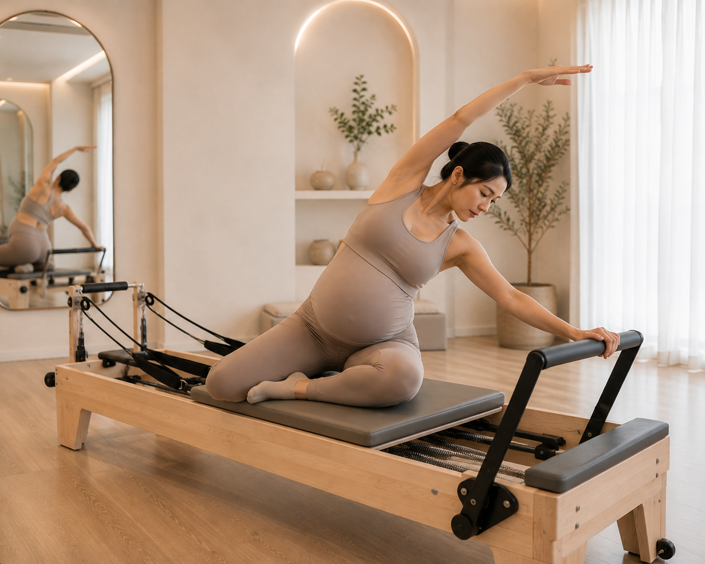 A pregnant woman in beige workout attire is practicing Pilates on a reformer machine in a bright, modern room with light-colored wooden floors, white walls, and large windows with sheer curtains. She is kneeling on the reformer with one arm stretched over her head and the other gripping the side of the machine, focusing on her exercise.