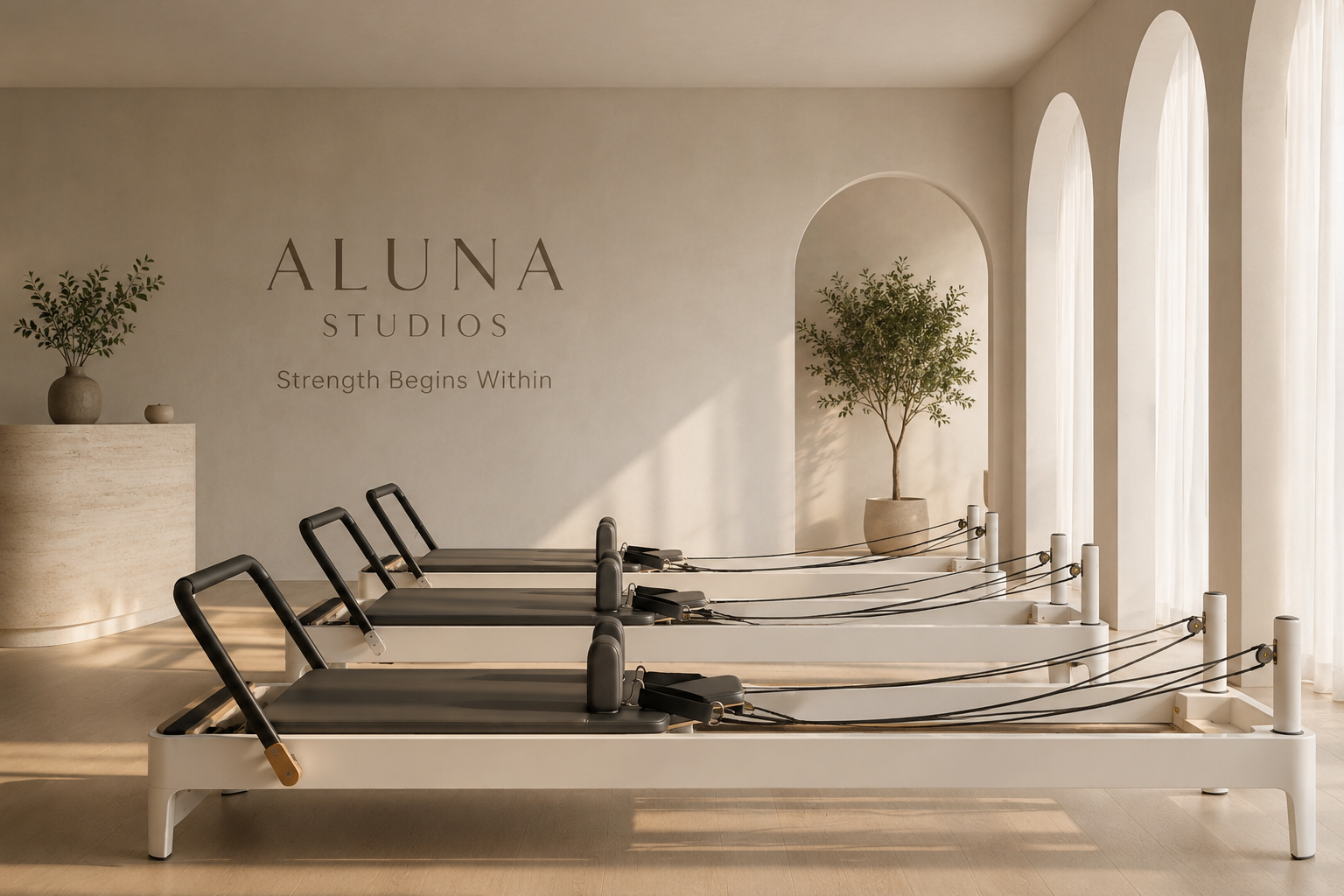 A row of reformer Pilates machines inside a modern, bright studio with natural light and minimalist decor with potted plants, part of Aluna Studios.