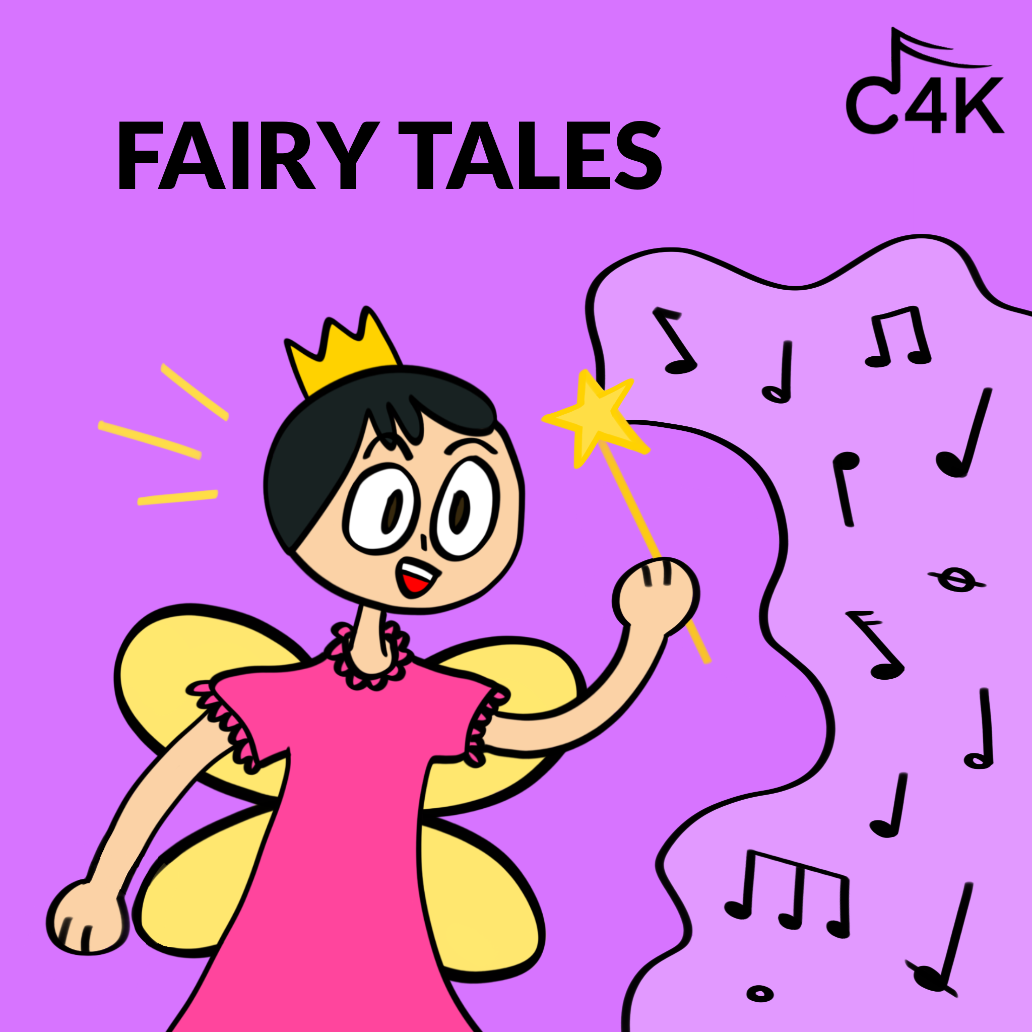 Illustration of a fairy princess with black hair, yellow wings, pink dress, wearing a crown, holding a magic wand, with musical notes and sparkles against a purple background.
