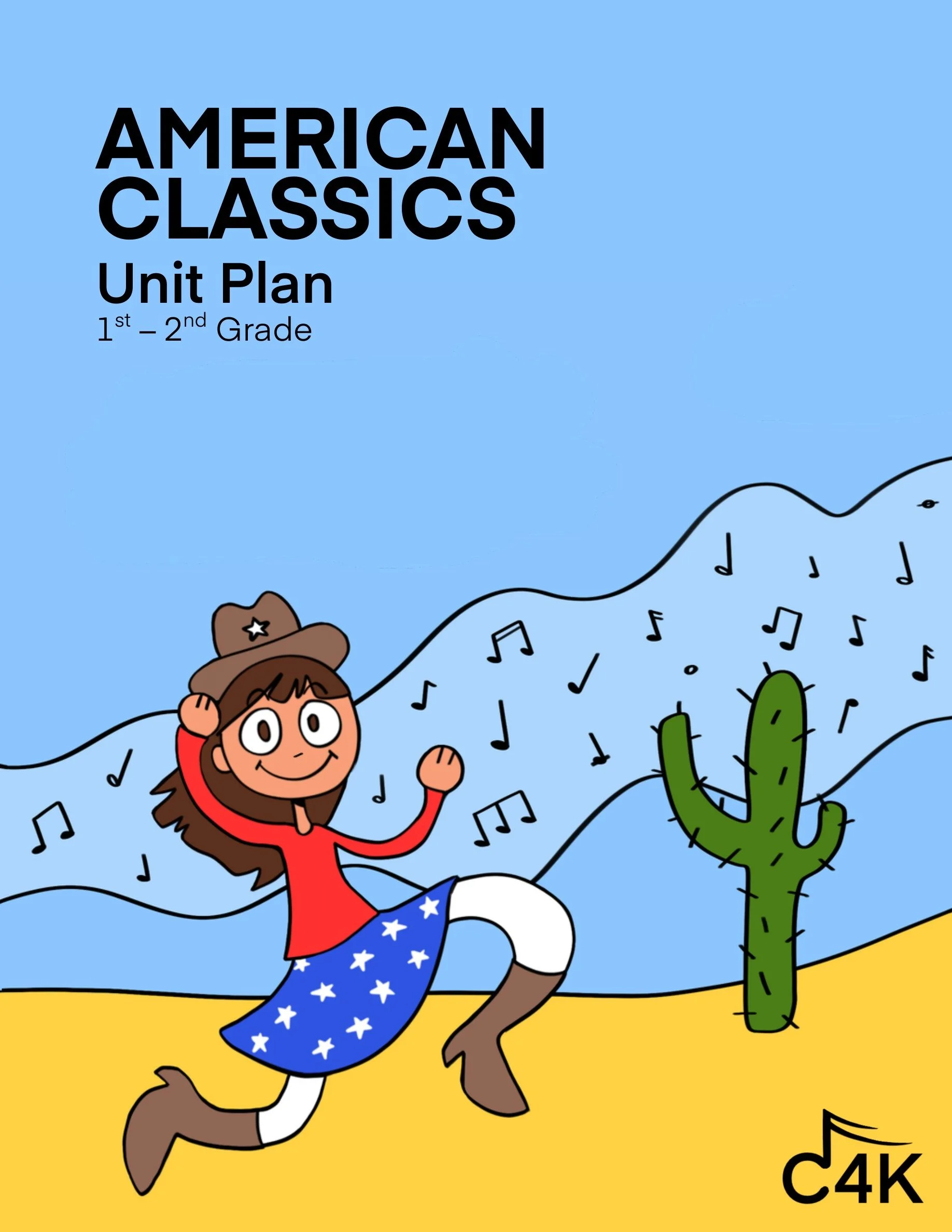 Cover of a learning unit plan titled "American Classics" for 1st-2nd grade, featuring a cartoon girl riding a horse, a cactus, and musical notes.