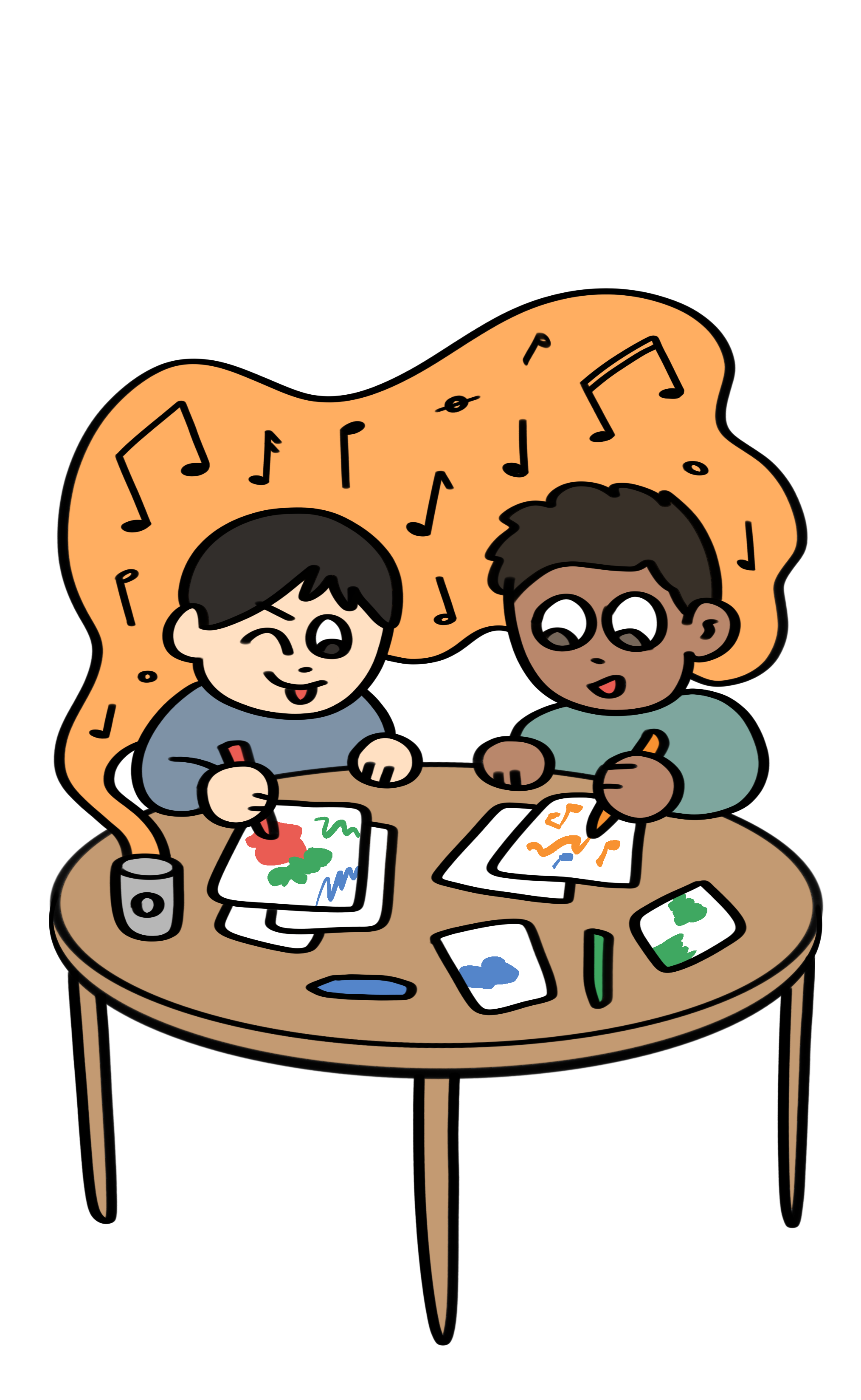 Two children sitting at a round table, drawing and coloring with crayons, surrounded by art supplies and papers, with musical notes in the background.