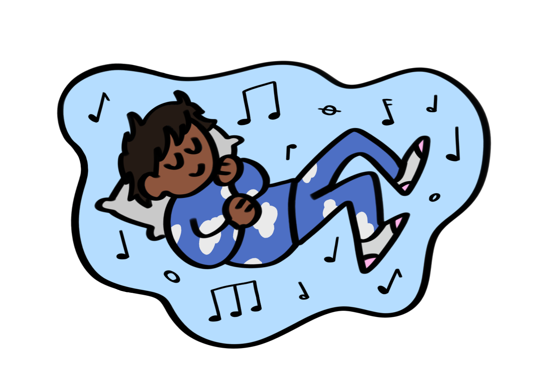 A child sleeping peacefully on a pillow, surrounded by music notes, wearing blue pajamas with white clouds, lying on a light blue blanket.