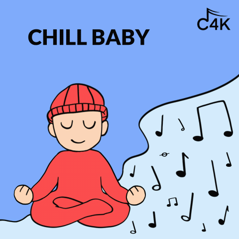 A cartoon illustration of a child meditating in a red hoodie and beanie, with musical notes around them, and the words 'CHILL BABY' at the top.