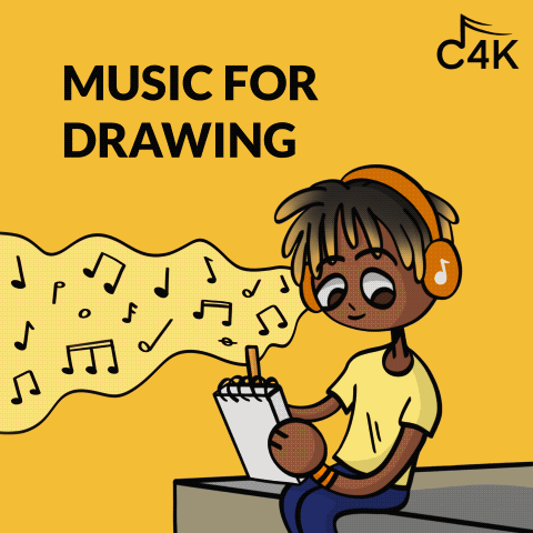 Cartoon illustration of a person wearing headphones, drawing music notes on a notepad, with text that reads 'Music for Drawing,' on a yellow background.