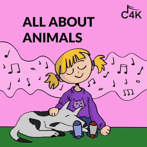 A young girl with blonde hair and pigtails sitting on the grass with a large dog lying next to her. The girl is smiling with her eyes closed, wearing a purple shirt. Musical notes are floating around in the pink background, and the text 'ALL ABOUT ANIMALS' is at the top. There is a '4K' logo in the upper right corner.
