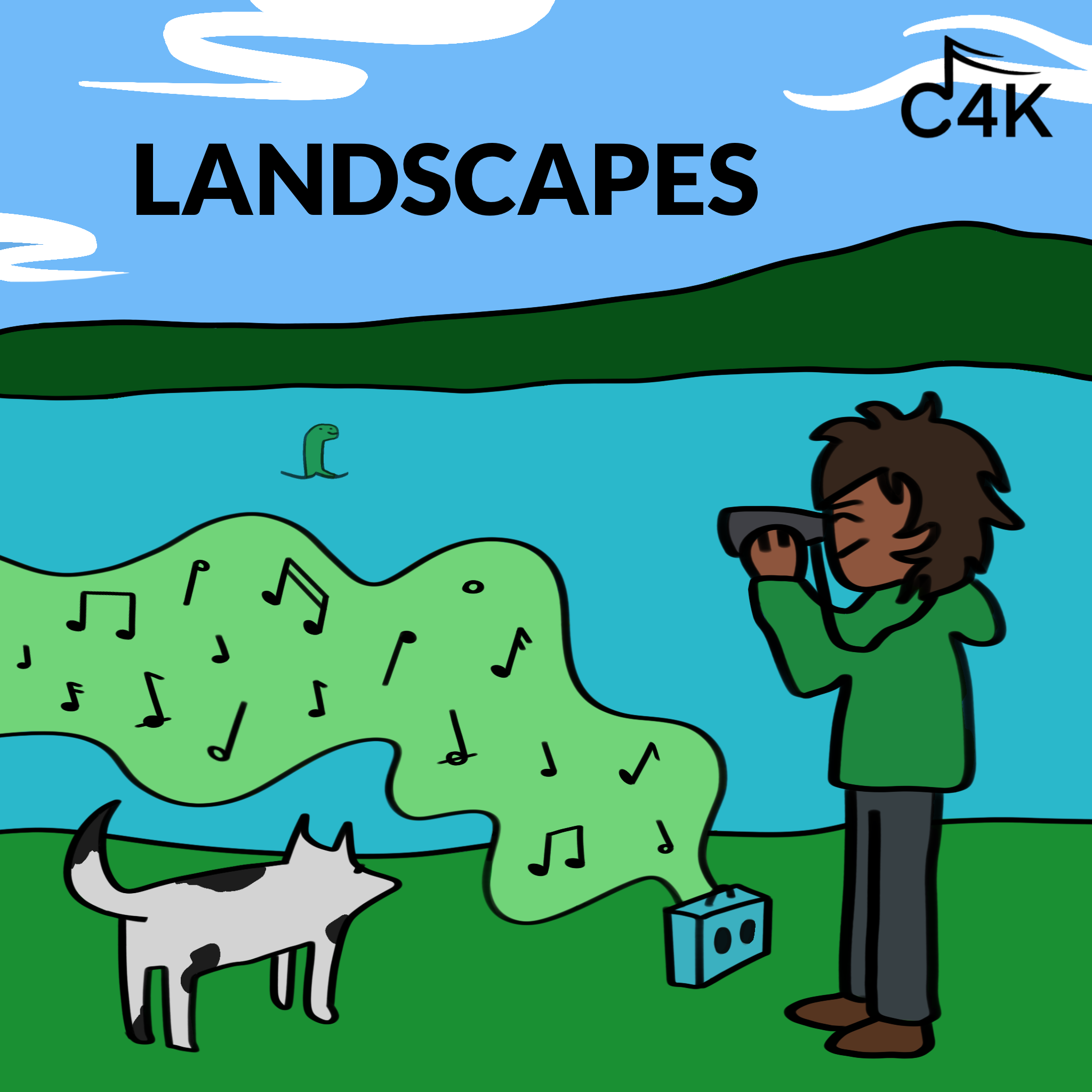 A person with brown hair in a green hoodie taking photos near a lake, with musical notes and a speech bubble coming from a speaker, a black and white dog, a snake in the water, hills, and clouds in the sky.