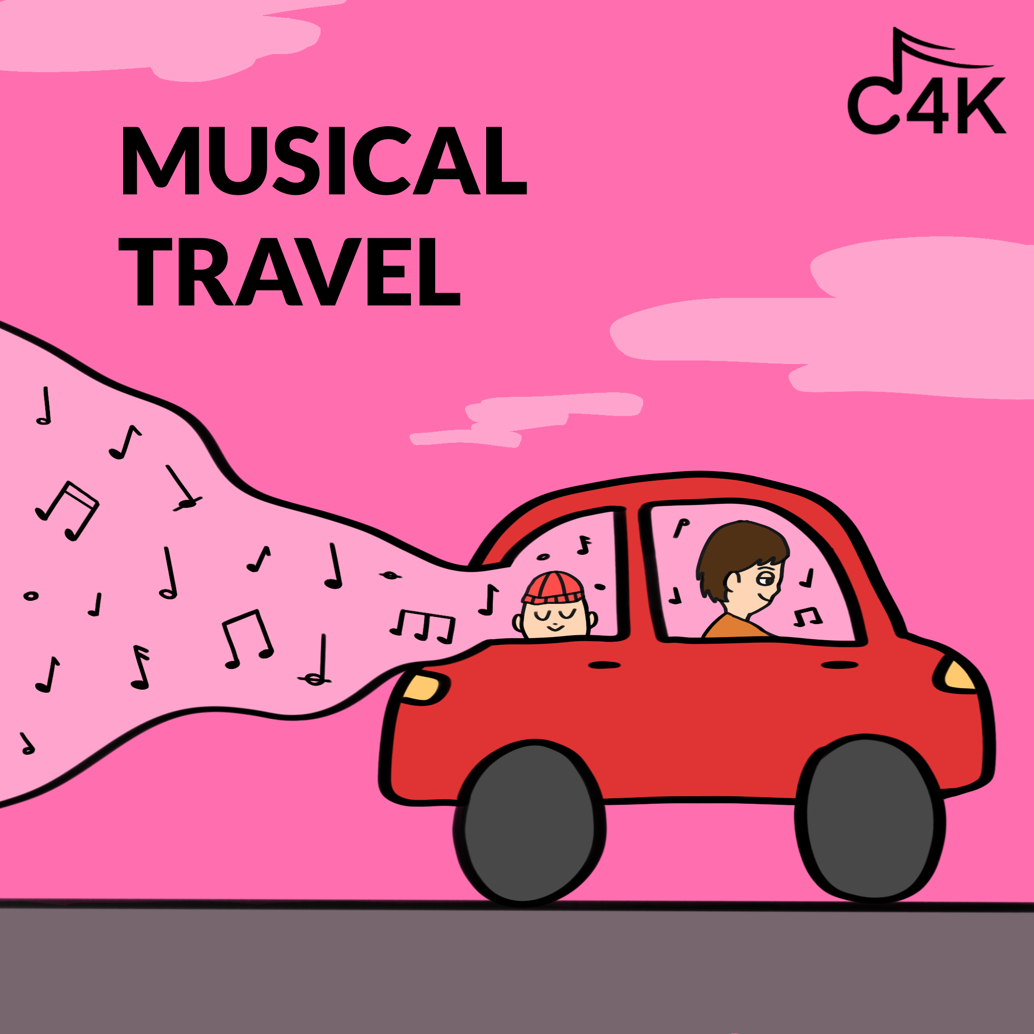 A cartoon illustration of a car driving on a road with pink clouds in the sky, with music notes emanating from the back of the car. The car has two passengers, a girl and a boy, in the front seats. The image features the text "Musical Travel" and a logo with the text "C4K" in the top right corner.