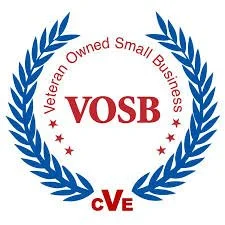 VOSB logo with blue laurel wreath and red text for Veteran Owned Small Business.