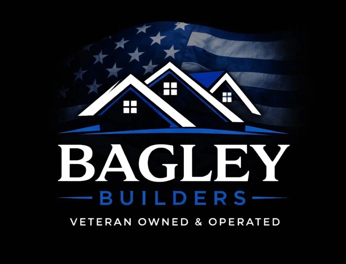 Logo for Bagley Builders with stylized house rooftops and an American flag in the background, indicating it is a veteran-owned and operated construction company.