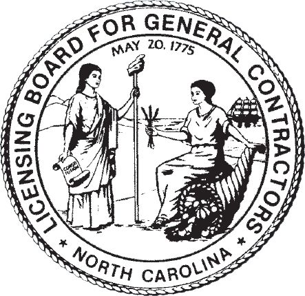 Seal of the North Carolina Licensing Board for General Contractors featuring two women, one holding a scroll and a balance scale, and the other sitting with a book, surrounded by a circular border with text.