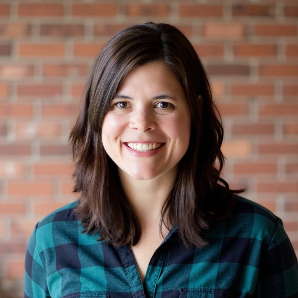 A woman with shoulder-length brown hair wearing a blue and green plaid shirt, smiling against a brick wall background.