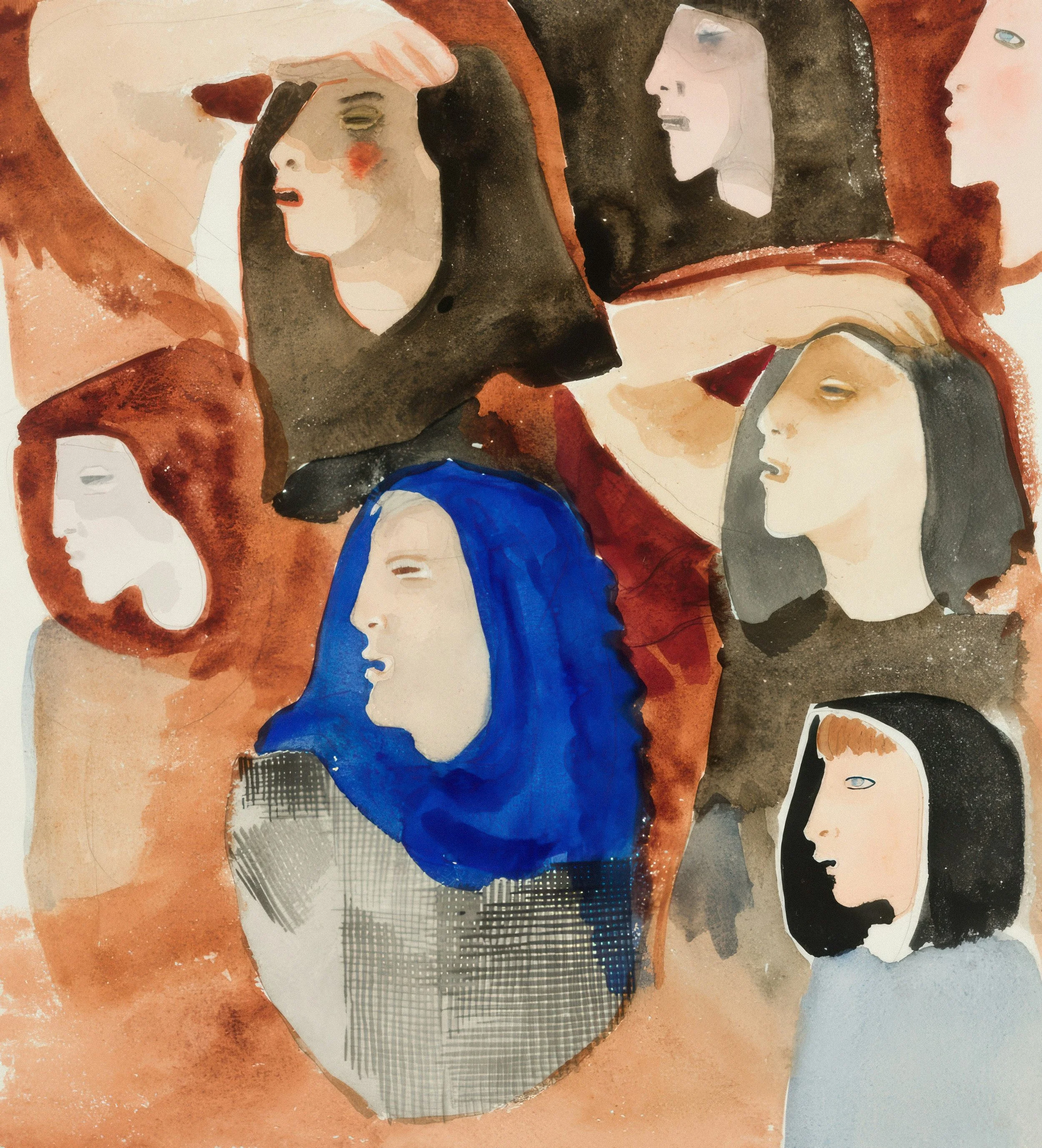 Abstract watercolor artwork featuring human faces with various skin tones, hair styles, and facial expressions, using earthy and neutral colors with hints of blue and black.
