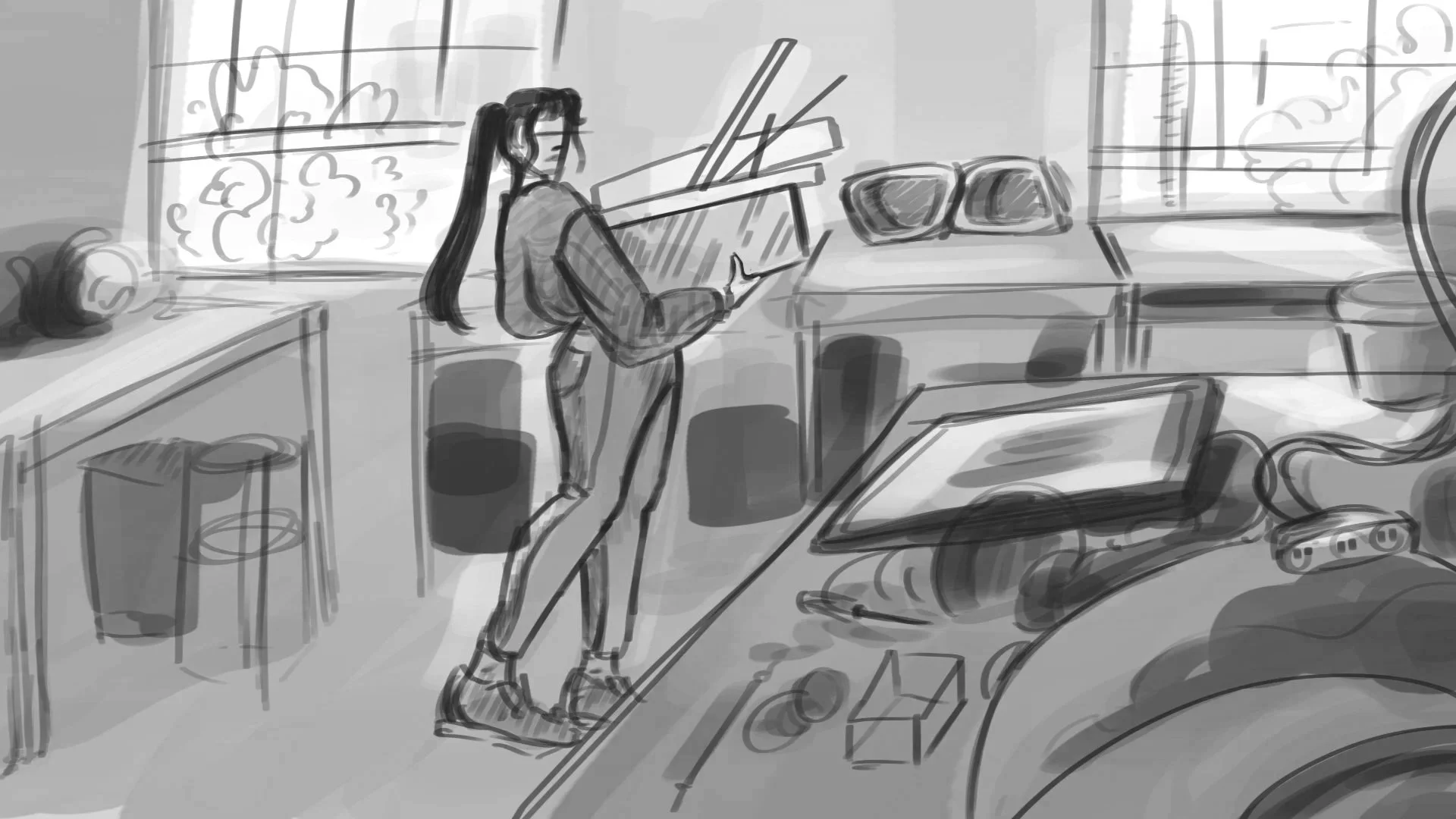 Sketch of a woman in a gym or dance studio holding a tablet, facing a large mirror with windows showing trees outside. The room has gym equipment like a foam roller, a stool, and a sound system, with some makeup or skincare items on a counter.