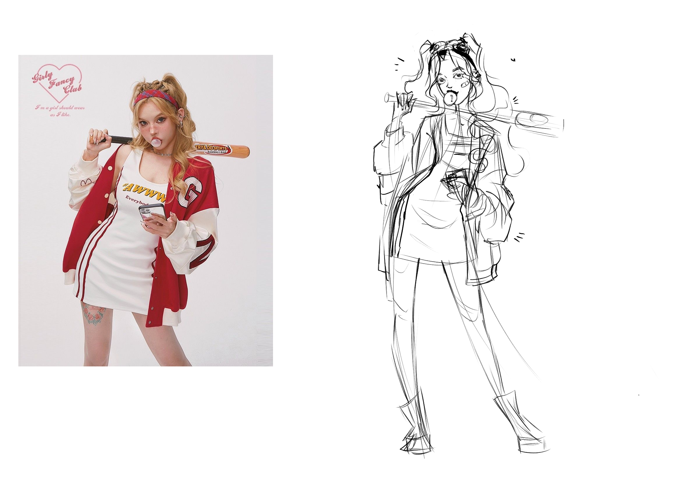A young woman in a casual sporty outfit holding a cell phone and a baseball bat, wearing a red varsity jacket over a white dress, with a pink headband and wavy blonde hair.