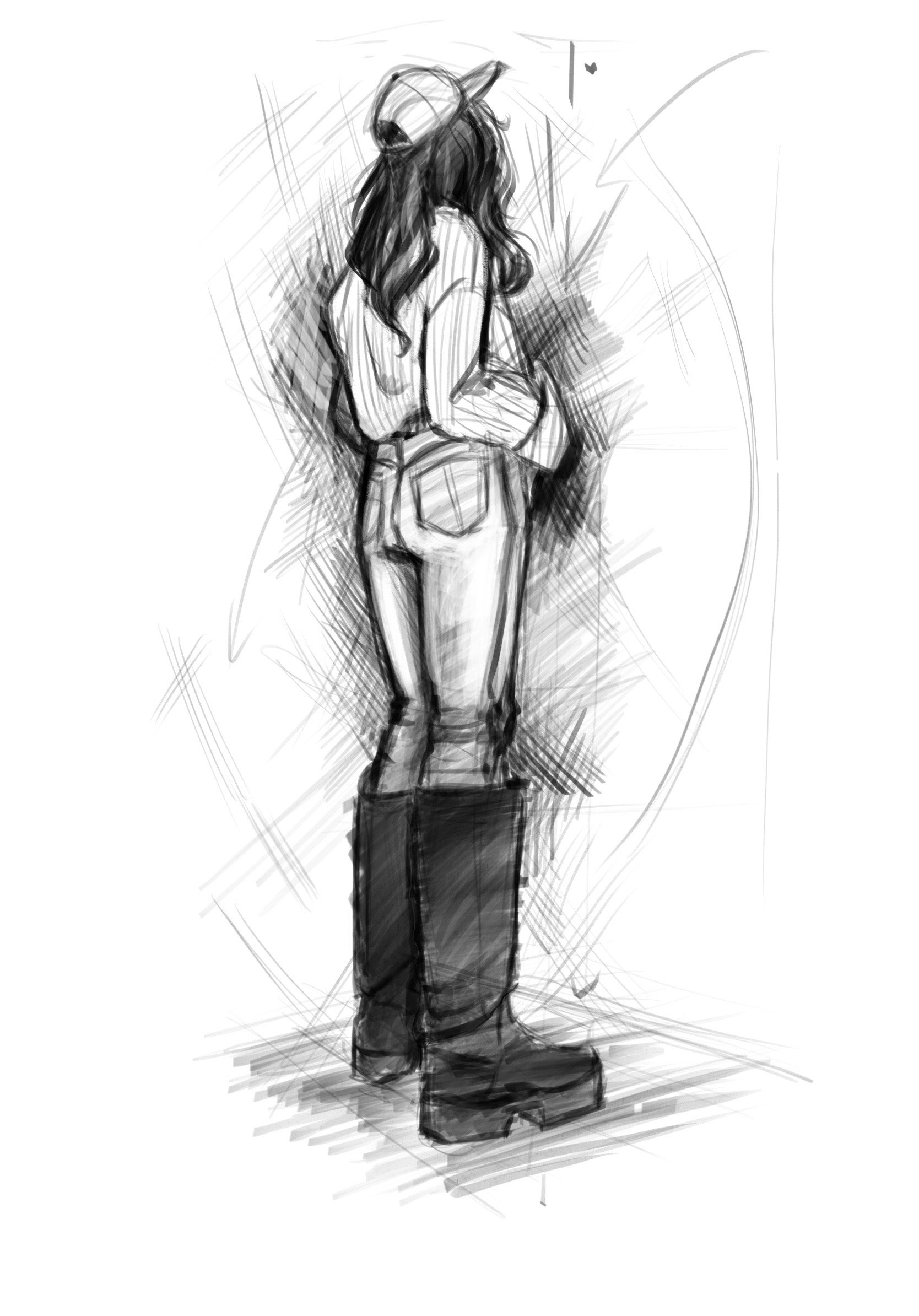 A sketch of a woman wearing a cap, standing on a platform with her back facing a wall.