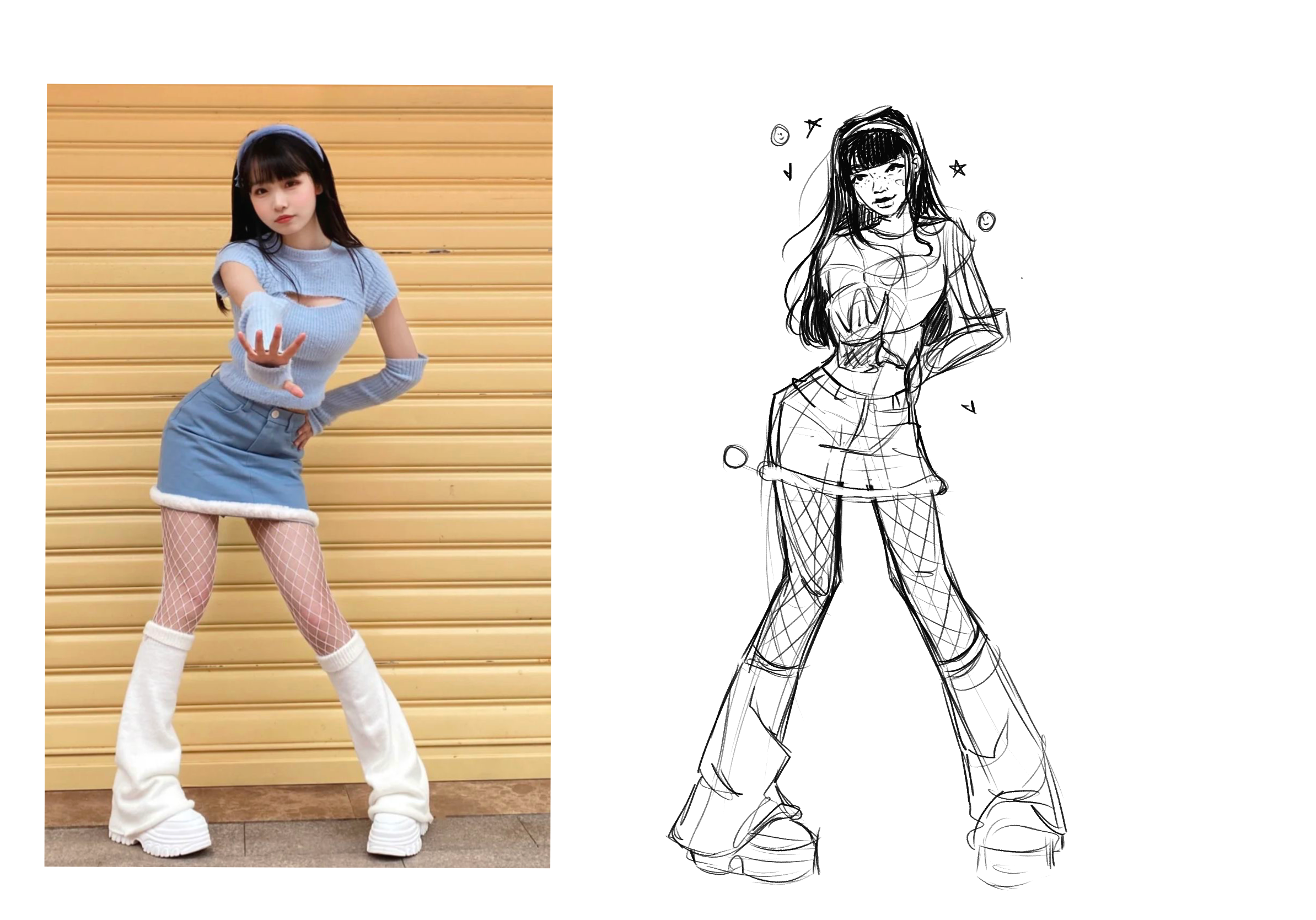 Photograph of a young woman with long black hair, wearing a blue knit top with cutout details, a short blue skirt, fishnet stockings, and white platform boots, posing in front of a yellow horizontal slat wall.