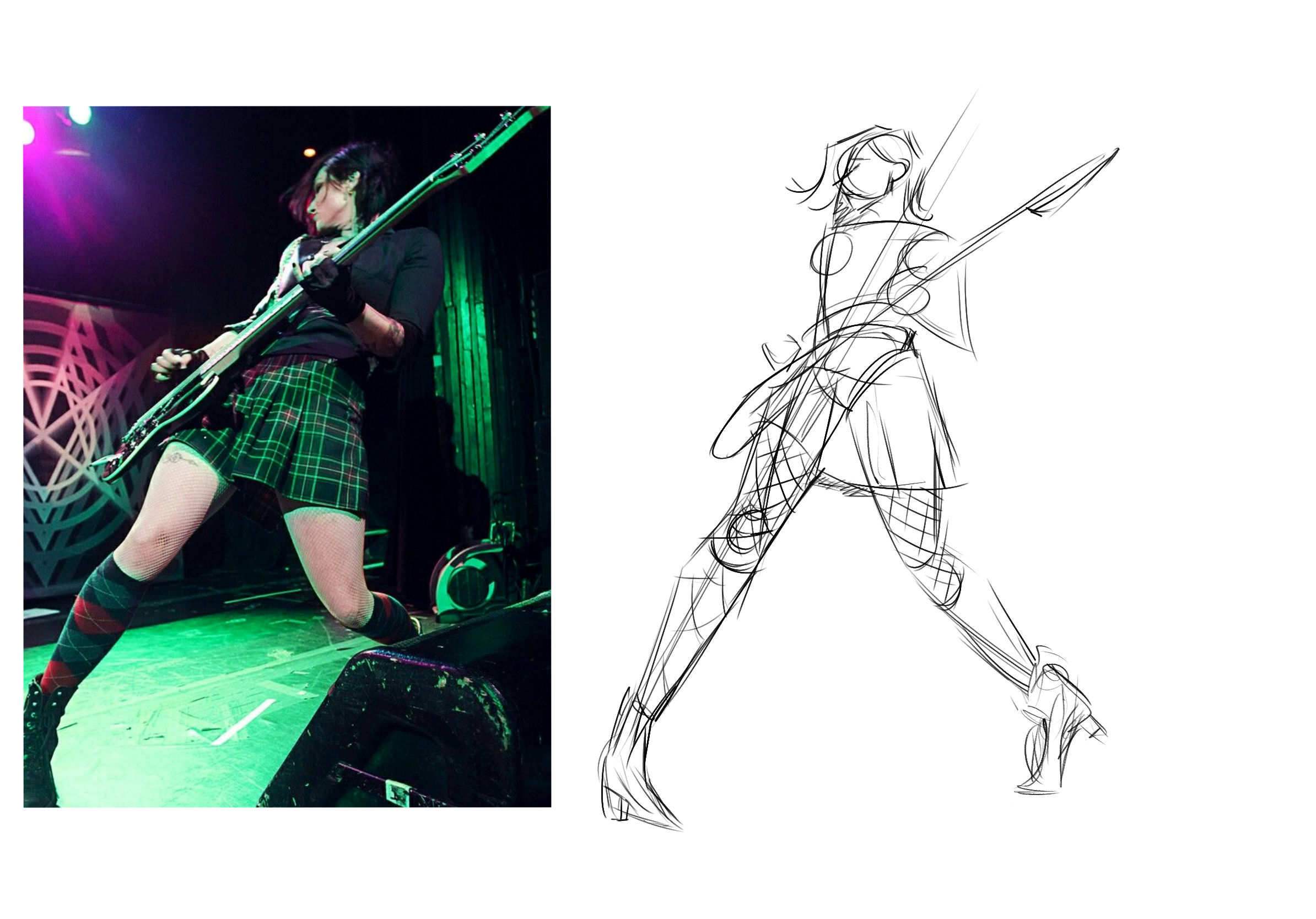 Line drawing of a female guitarist performing on stage, holding an electric guitar and dressed in a skirt and high heels.