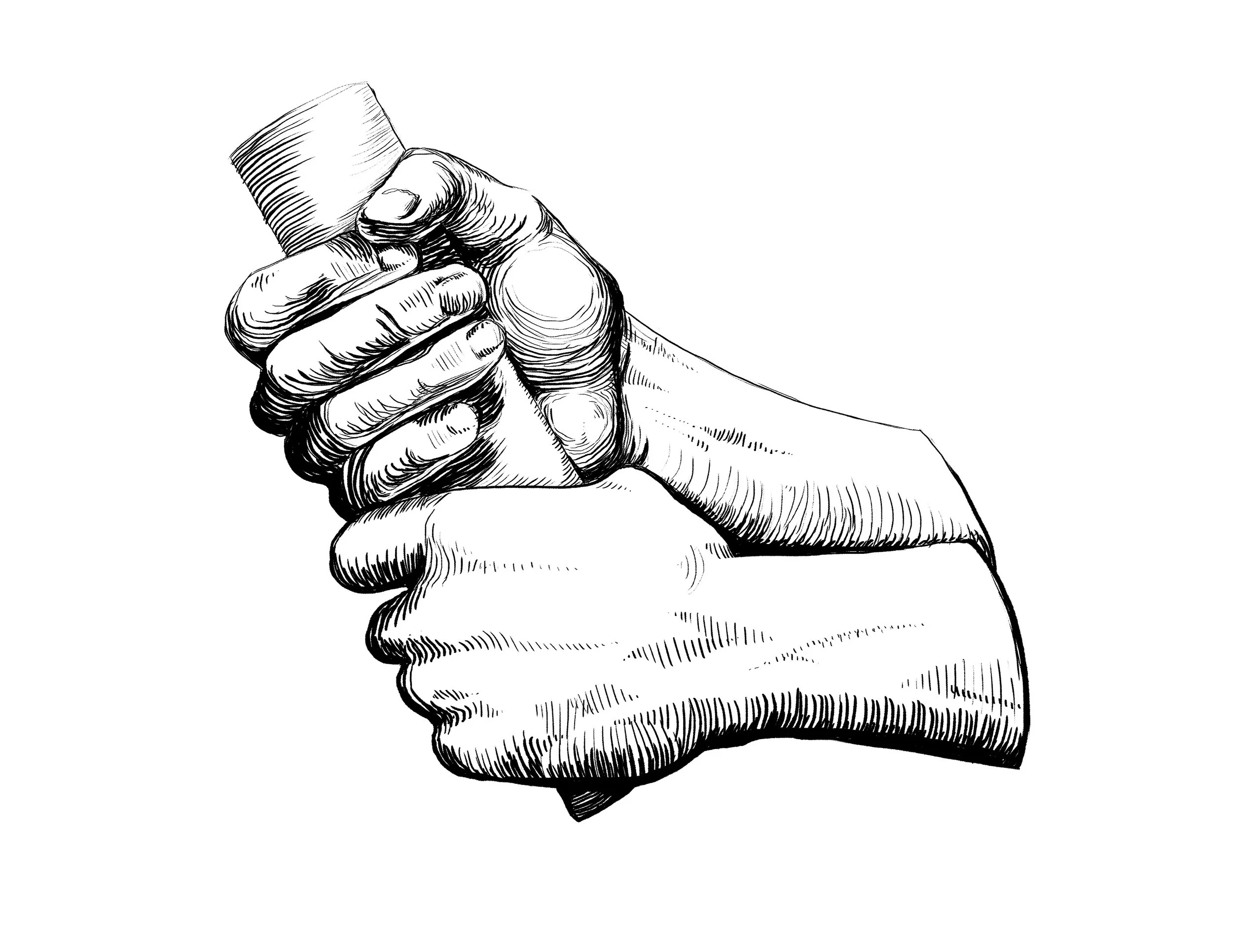 Black and white line drawing of two hands grasping a small object, with one hand holding the object and the other hand gripping the wrist.