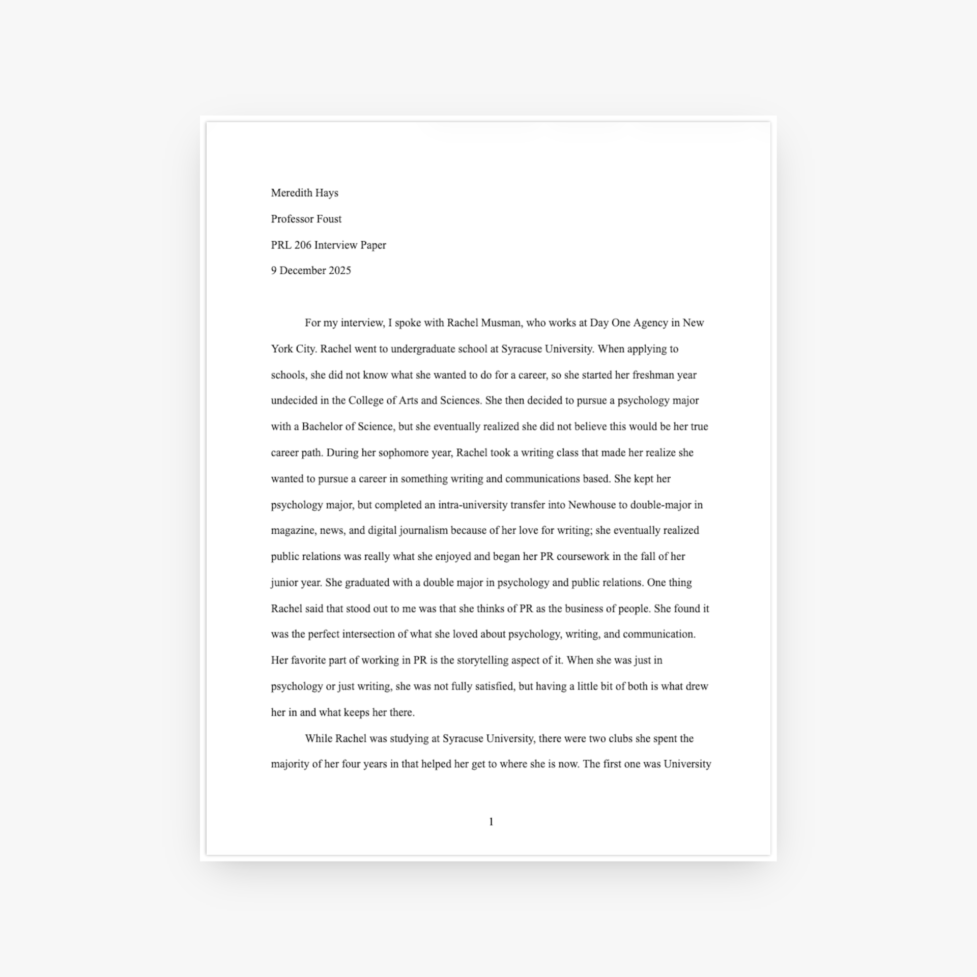 Public Relations Interview Paper