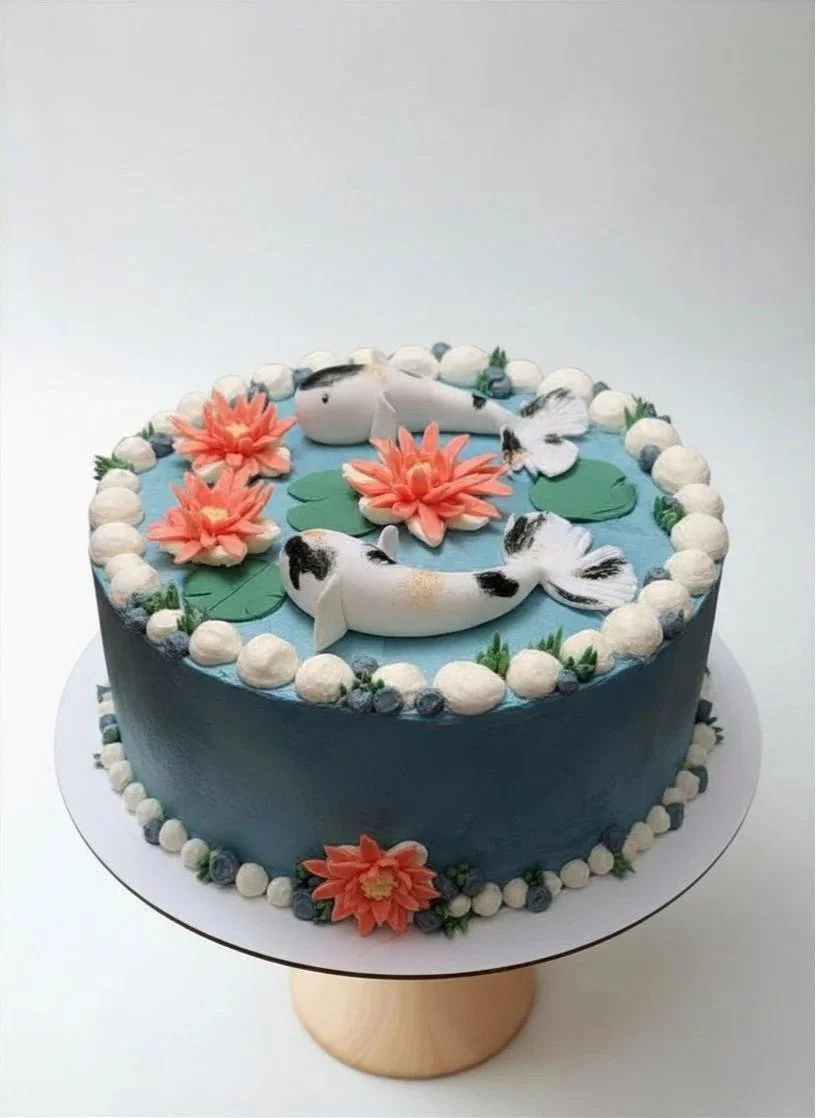 A round cake with blue icing, decorated with white and black koi fish and pink flowers on top, with additional pink flowers around the base.
