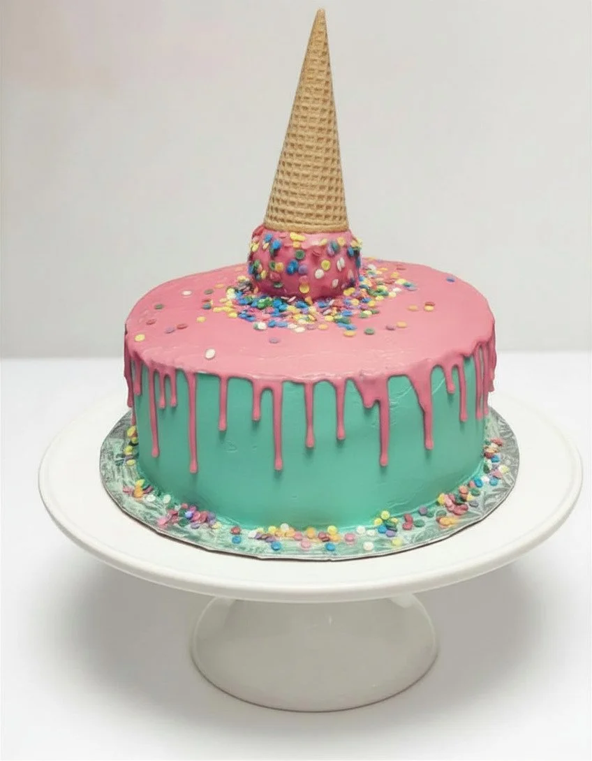 A colorful birthday cake with pink and teal icing, rainbow sprinkles, an upside-down ice cream cone as a decoration, and pink drip icing.