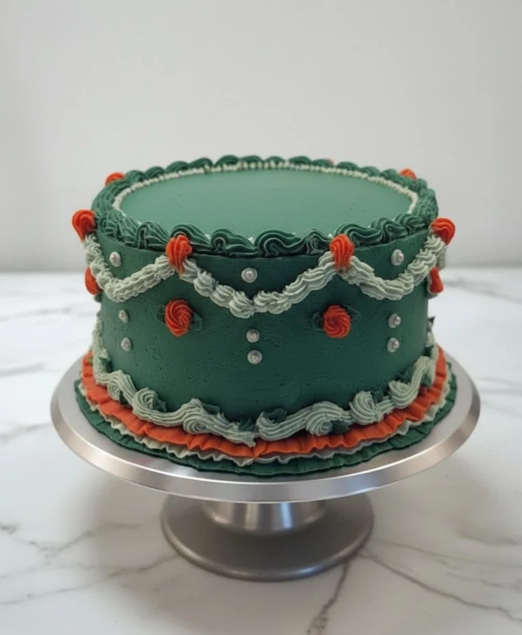 Decorative green birthday cake with piped red, white, and green icing, silver edible beads, and a scalloped icing border, placed on a silver cake stand.