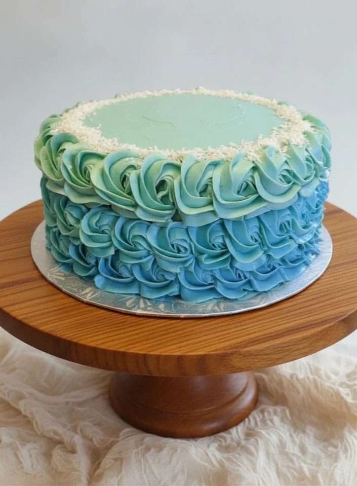 A round, blue-green ombre cake with ruffle frosting on a wooden cake stand.
