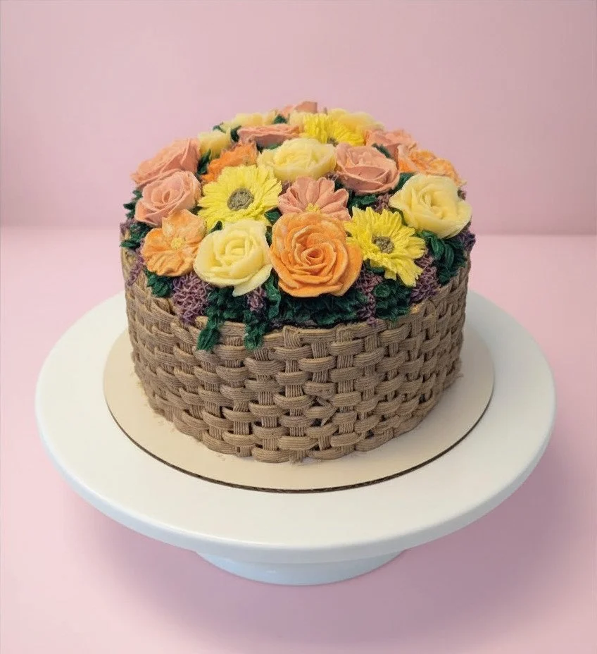A round cake decorated with realistic-looking sugar flowers and a woven basket design around the sides, placed on a white cake stand with a pink background.