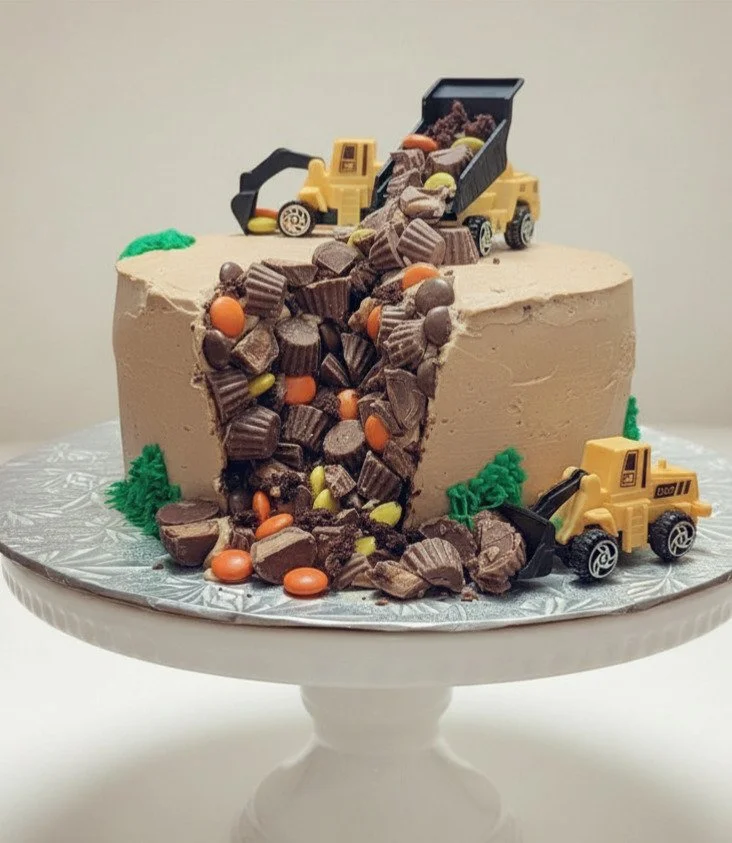 A cake with chocolate candies and construction vehicle decorations, designed to look like a landslide of candies.