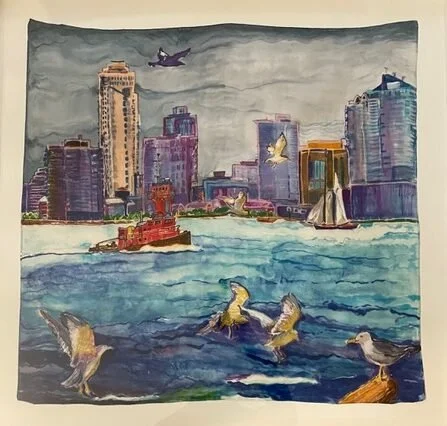 Berenice Pliskin, View from Hoboken, silk dyes on silk, 28.5″x29″, $900