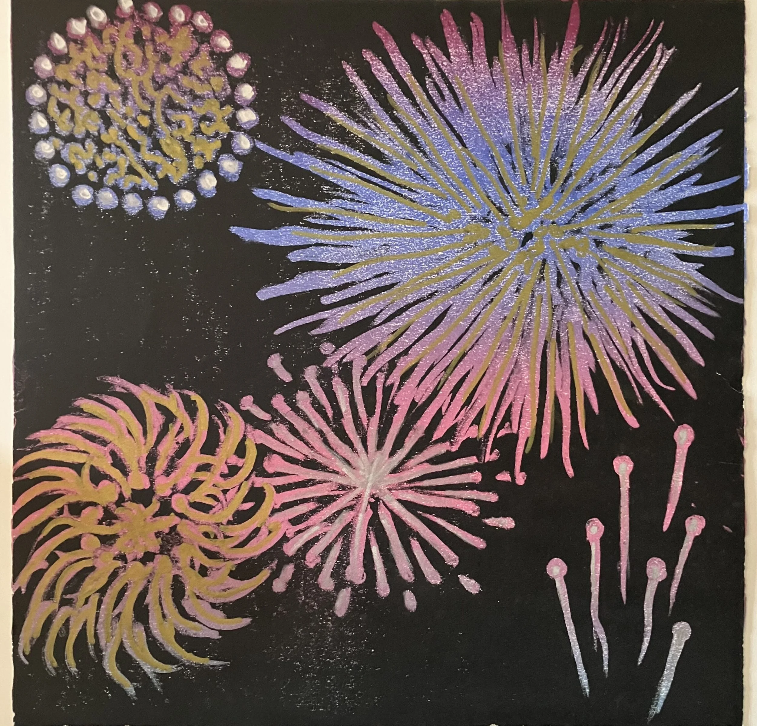 Sheila Fane, Fireworks I, Monotype, 20×20″, $400
