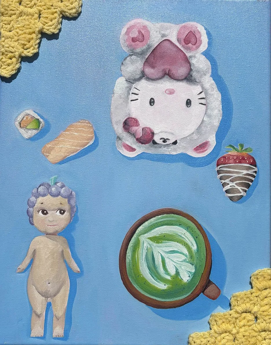 Katherine_Spaziante_AFewofMy_FavoriteThings_OilonCanvaswithYarn_11x14x.8in.jpg