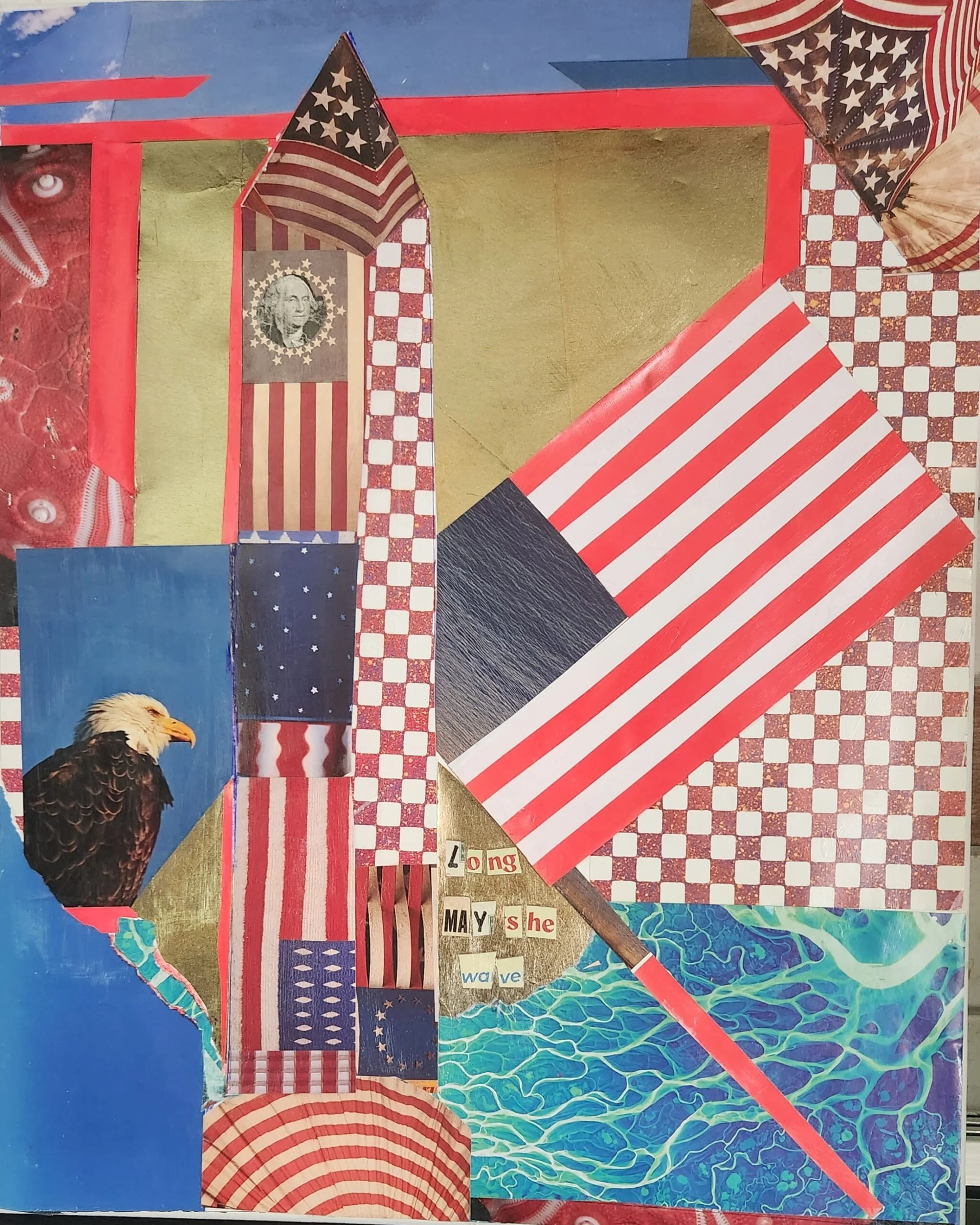 Linda Negrin, Long May She Wave, Mixed Media, 20″x16″, $175