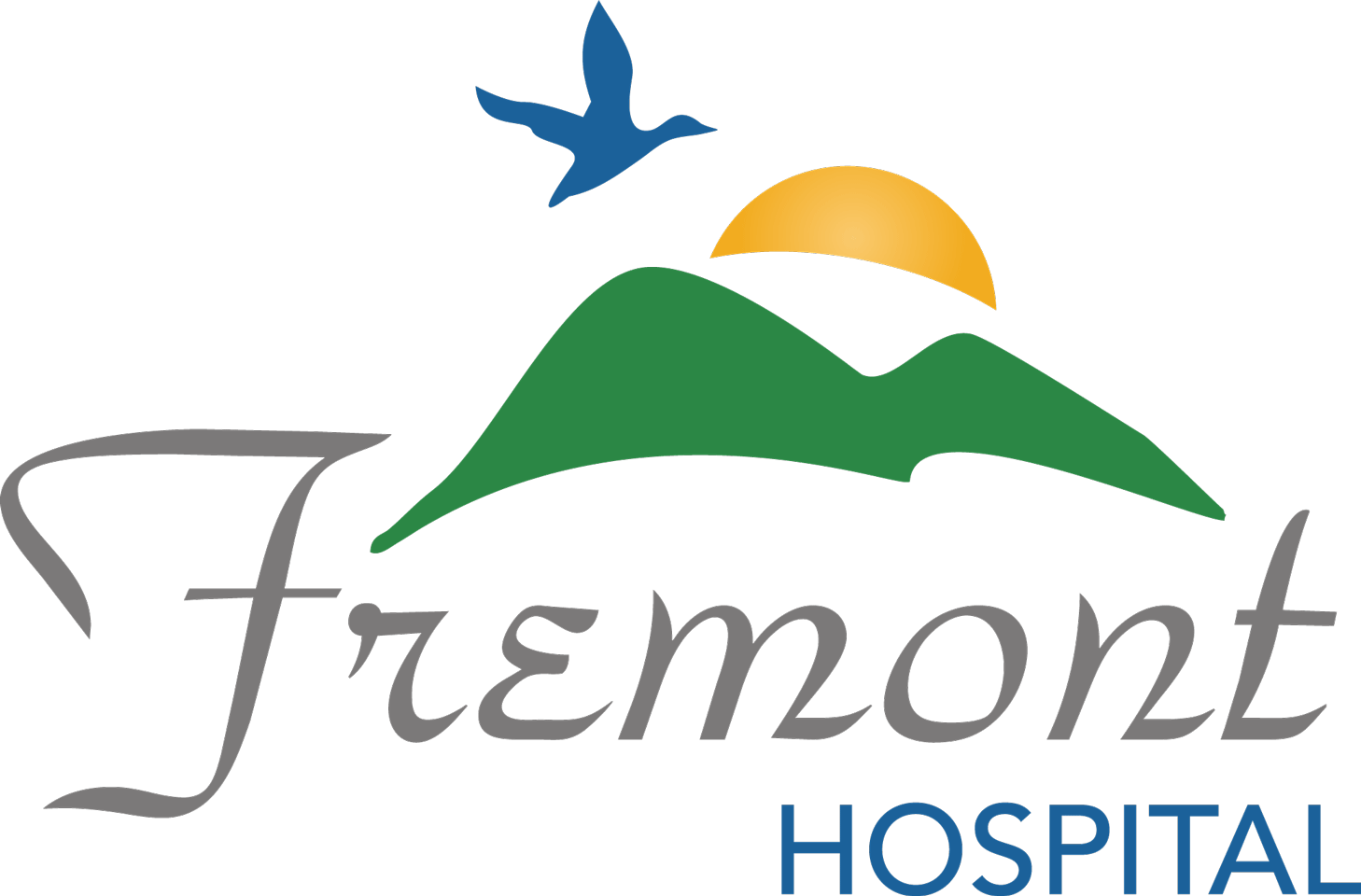 Logo for Fremont Hospital featuring a blue bird, a yellow sun, green mountain, and stylized text.