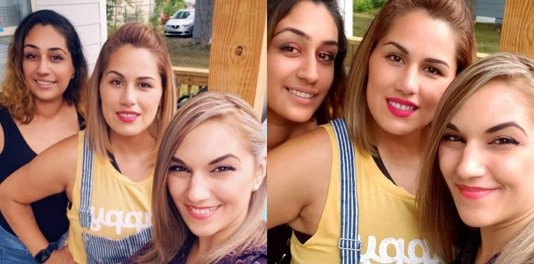 Four women taking selfies outdoors on a porch, smiling at the camera.