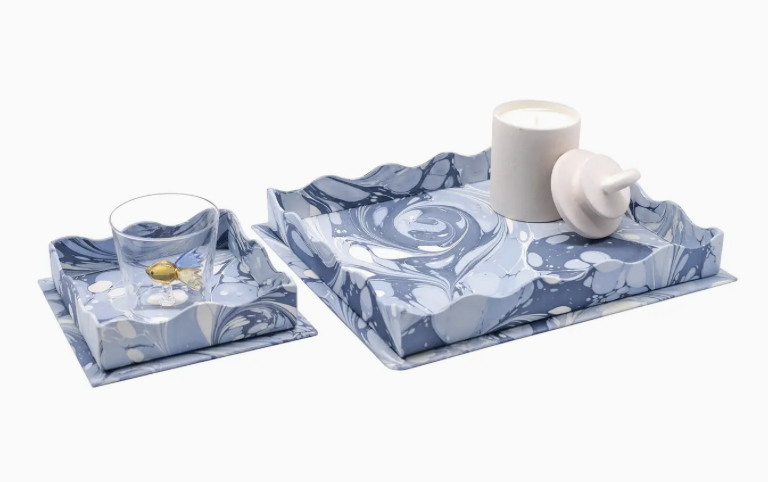 Nesting Scalloped Hand-Marbled Trays in Ocean Wave