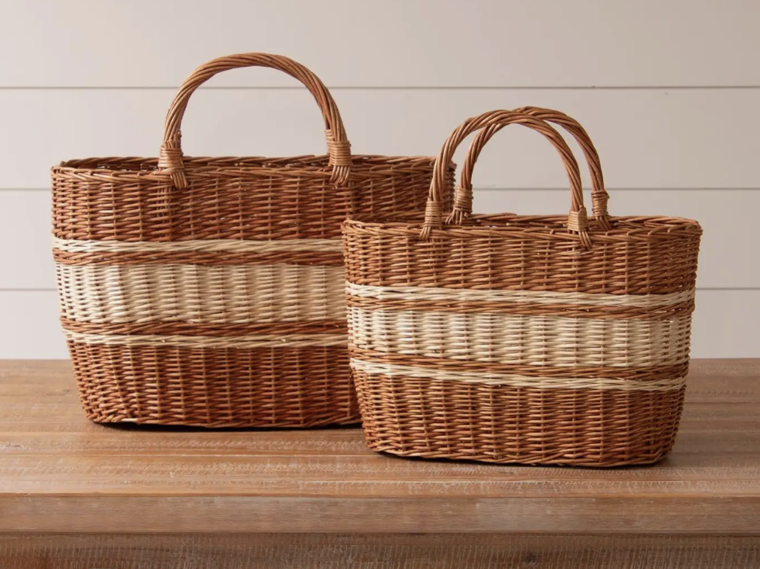Tan And Cream Striped Wicker Baskets (Set Of 2)