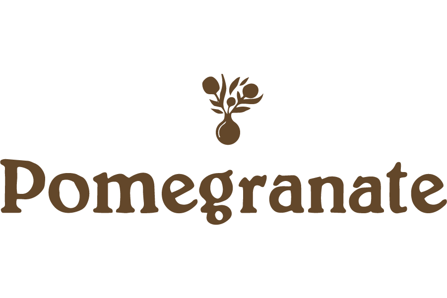 Pomegranate brand logo with a stylized pomegranate fruit and leaves above the text 'Pomegranate' in brown font.