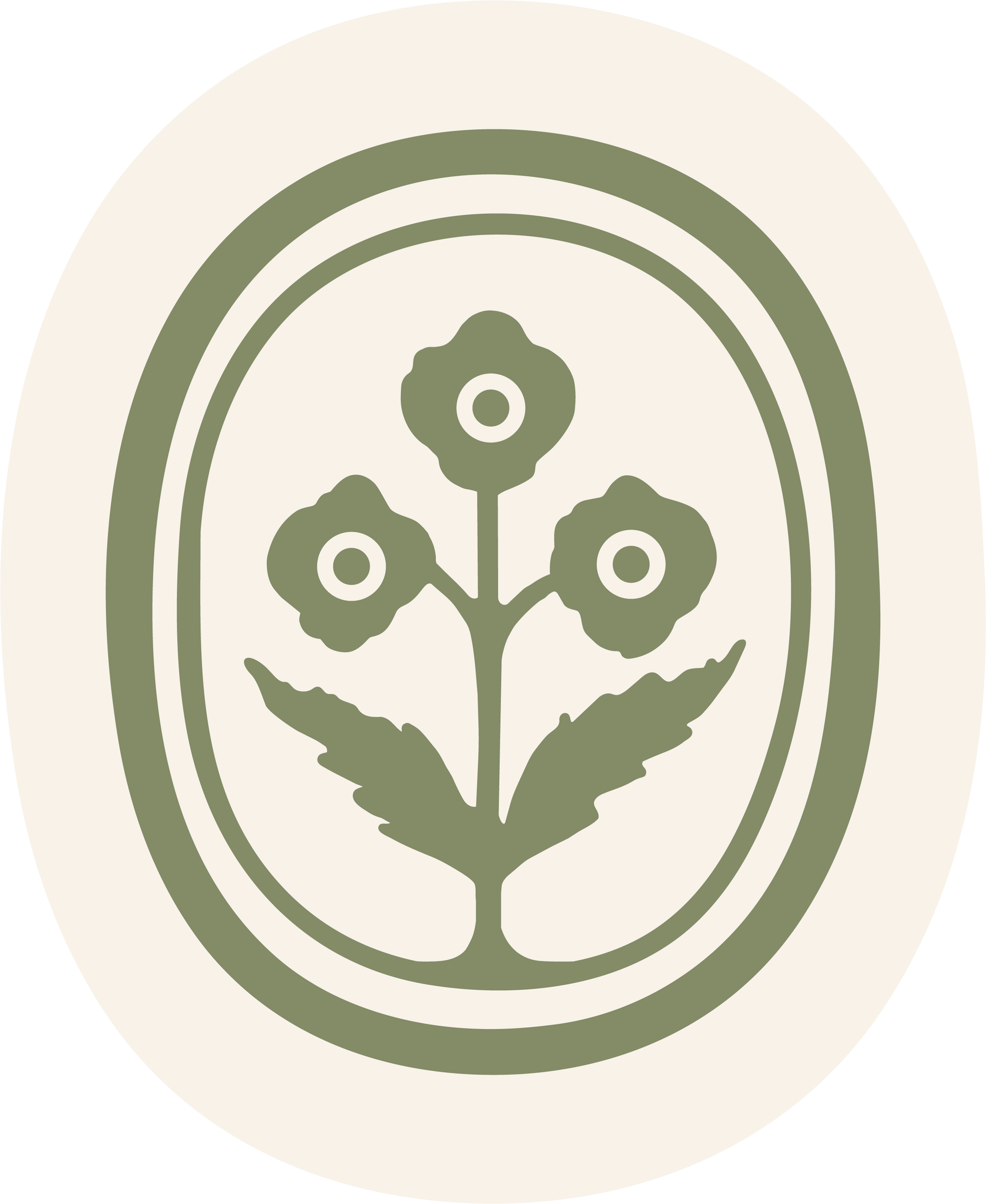 A stylized graphic of a tree inside an oval border, with a smaller circle at the top and rounded leaves forming a symmetrical design.