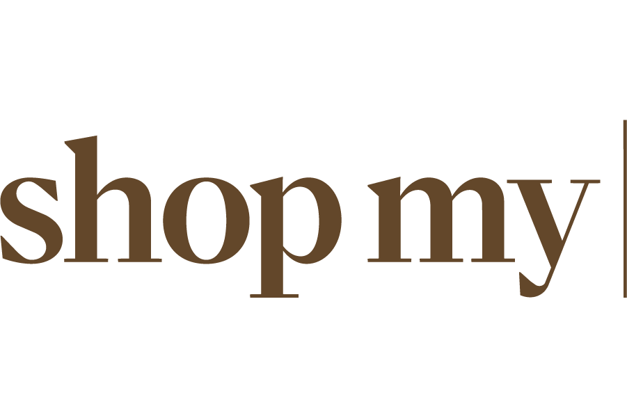 Text that says 'shop my' in large brown letters with a shopping cart icon above it.