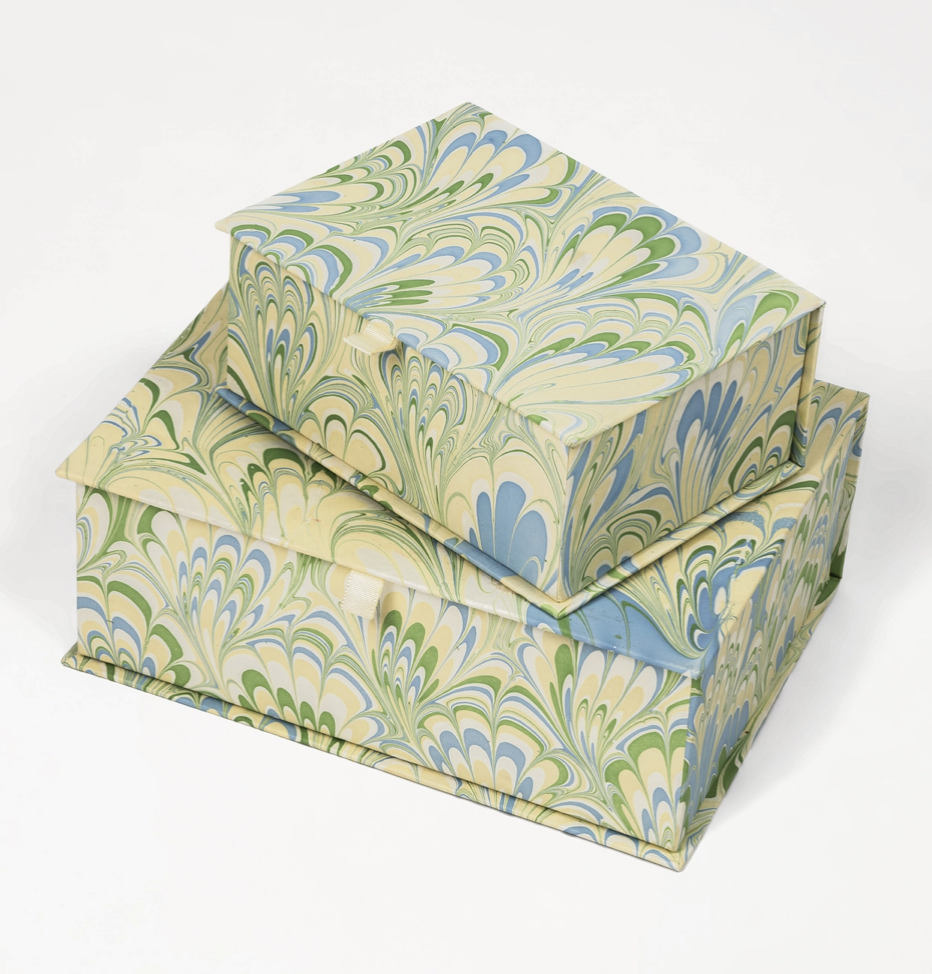 Hand-Marbled Keepsake Box Set in Seaglass Peacock
