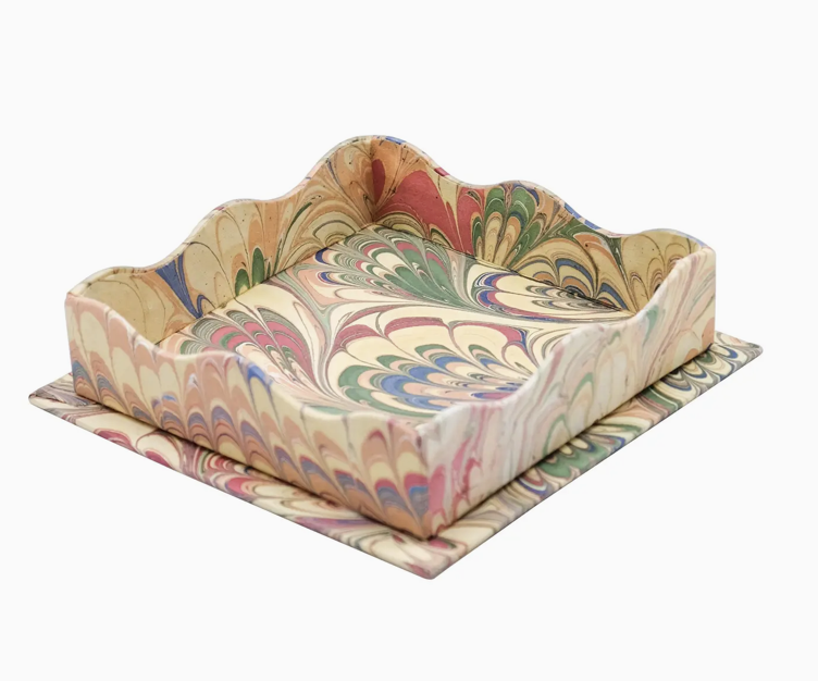 Nesting Scalloped Hand-Marbled Trays in Multicolor