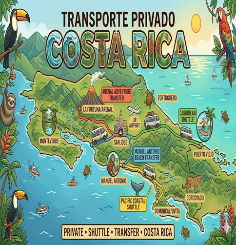Mapa de Costa Rica destacando opciones de transporte privado, autobús, traslado y transporte en Costa Rica, con lugares como Monteverde, San José, Puerto Viejo y Corcovado, además de rutas como Arenal Adventure Transfer y Caribbean Shuttle.