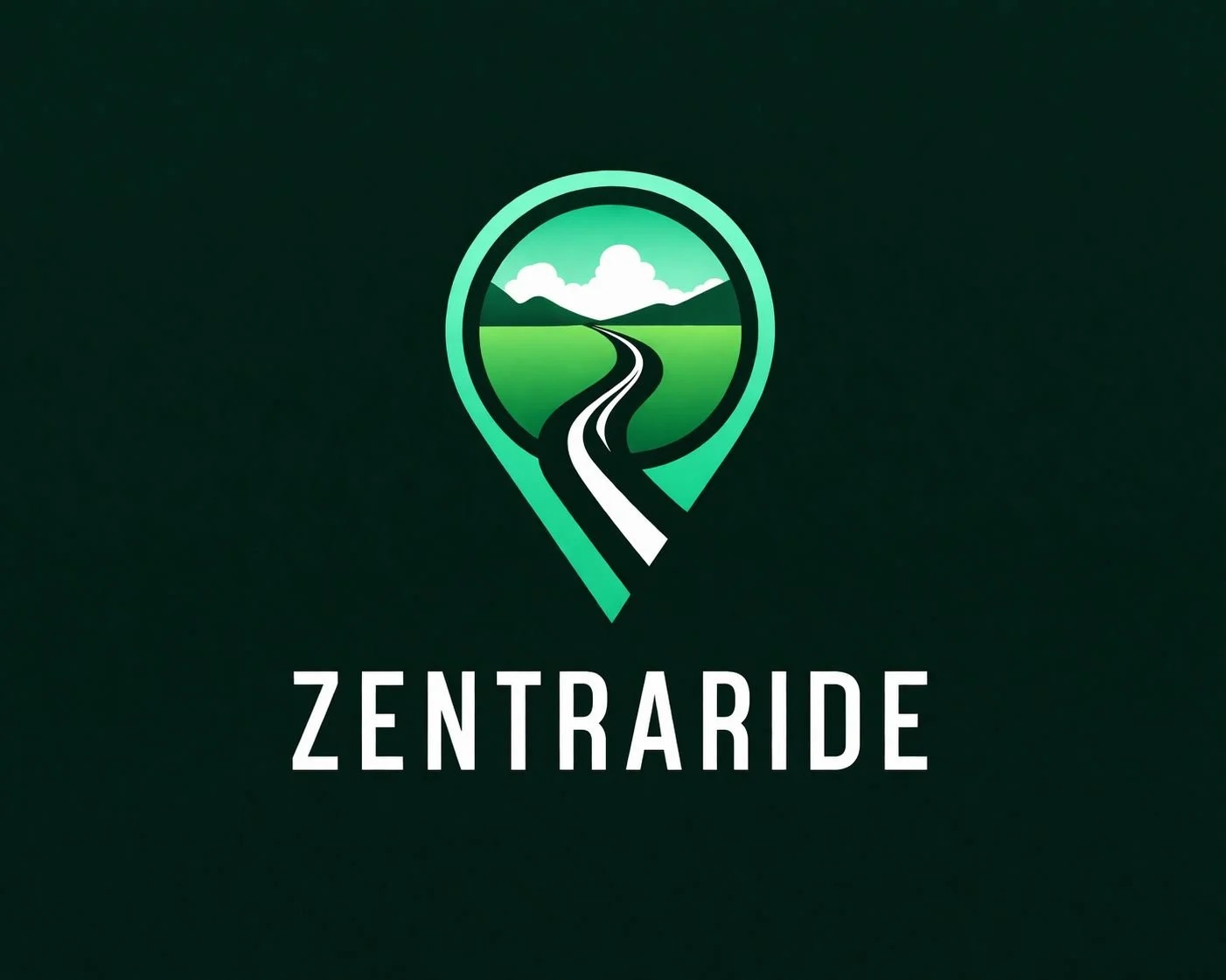 Logotipo de Zentraride con un paisaje de caminos, montañas, nubes y campo dentro de un marcador de ubicación.