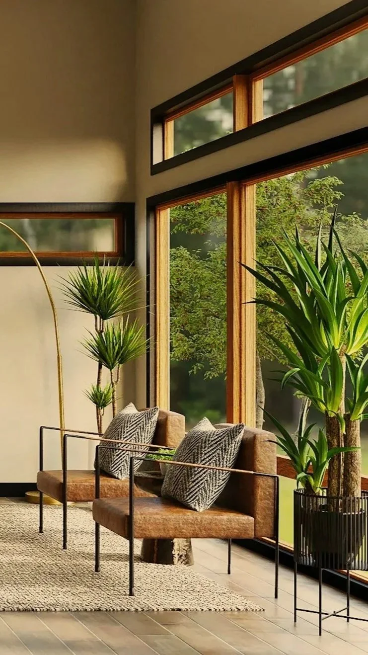 Room with large windows, two brown chairs with black metal frames, patterned cushions, potted plants, a floor lamp, and a woven area rug.